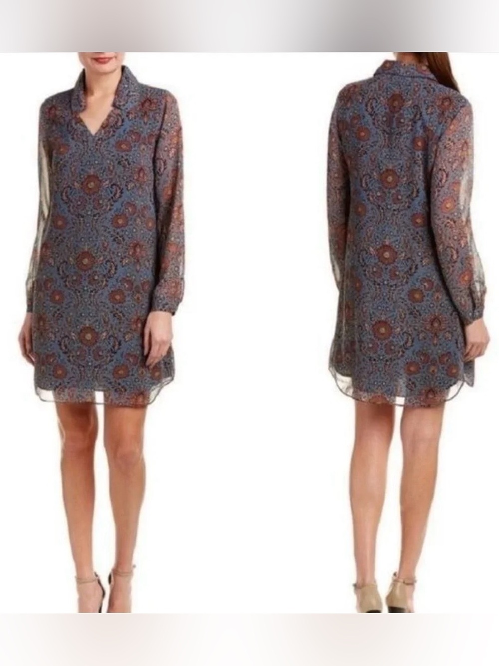 CAbi Provincial Sheer Paisley Long-Sleeve Shift Dress Lined Blue Brown Size M